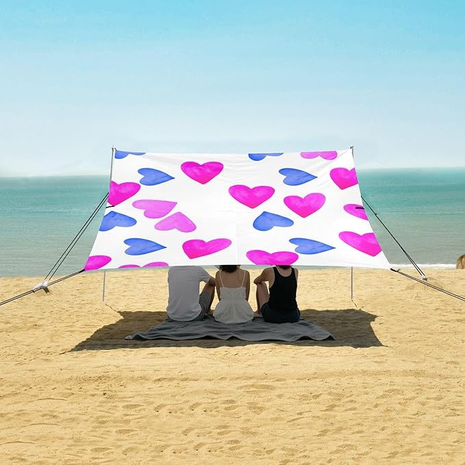 Beach Canopy with Windproof Ropes &amp Sandbags Beach Tent Sun Shade Sun Shelter for Camping Trips Fishing Backyard Fun or Picnics Heart