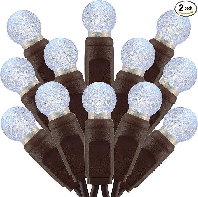 Cool White Raspberry One-Piece LED Christmas Lights 48 Feet 140 Count Pack of 2 Strands 70ct G12 High Waterproof UL Certified Brown Cord String Lights