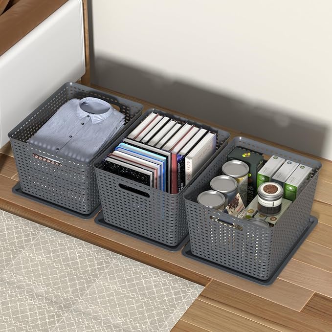 6-Pack Large Plastic Storage Basket Bins with Lid Stackable Storage Baskets with Lids 14.05 x 11.65 x 8.66 Gray