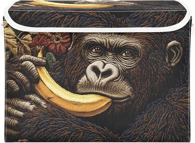 Funny Gorilla Storage Cube Bins Basket with Lid Collapsible Flip-top Fabric with Handle for Home Bedroom Closet Office 16.5×12.6×11.8 in
