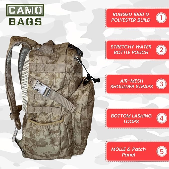 Camo Tactical Daypack Backpack - 1000D Polyester Tactical Backpack with Multi Compartments Air-Mesh Padded Back Side Compression &amp Adjustable Shoulder Straps - Travel Backpack Use for Outdoor &a