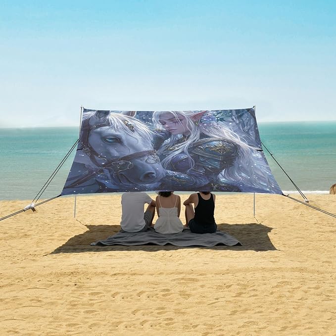 Archers Game Anime Girl Beach Canopy UPF50+ Protection Lightweight Large Portable Sun Shelter with Sand Shovel for Backyard and Camping
