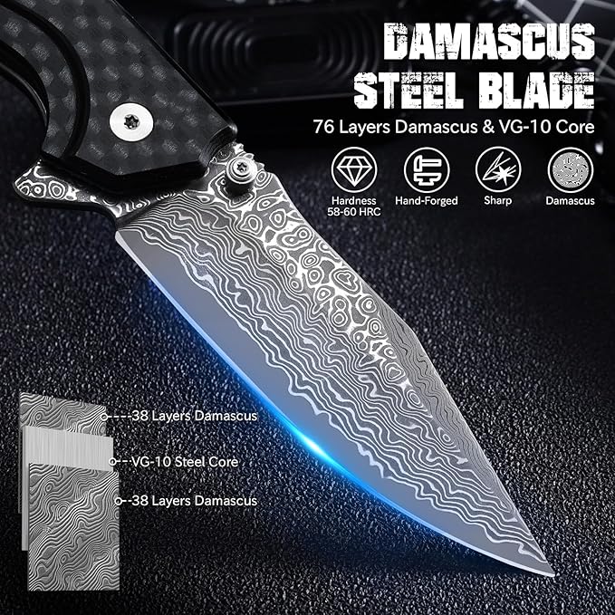 Damascus Pocket Knife with Button Lock G10 Handle 3.35 Sharp Damascus Steel Blade Folding Knives EDC Knifes for Men Camping Hiking Collection