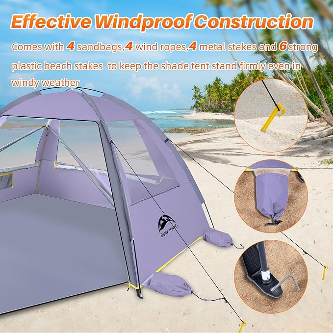 Happy Travel Beach Tent UPF 50+ UV Protection Sun Shade Shelter for 3/4/5/6/7/8 Person Portable Beach Canopy for Family &amp Baby Lightweight &amp Easy Setup Beach Cabana with 3 Ventilation Mesh