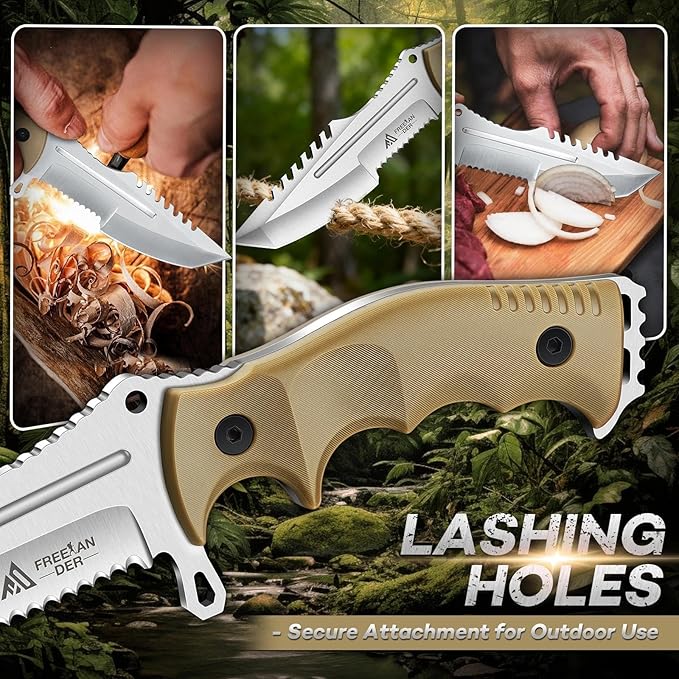 Freelander Outdoor Fixed Blade Knife Full Tang D2 Steel Survival Knife with Kydex Sheath Camping Bushcraft Knives with Ergonomic Handle