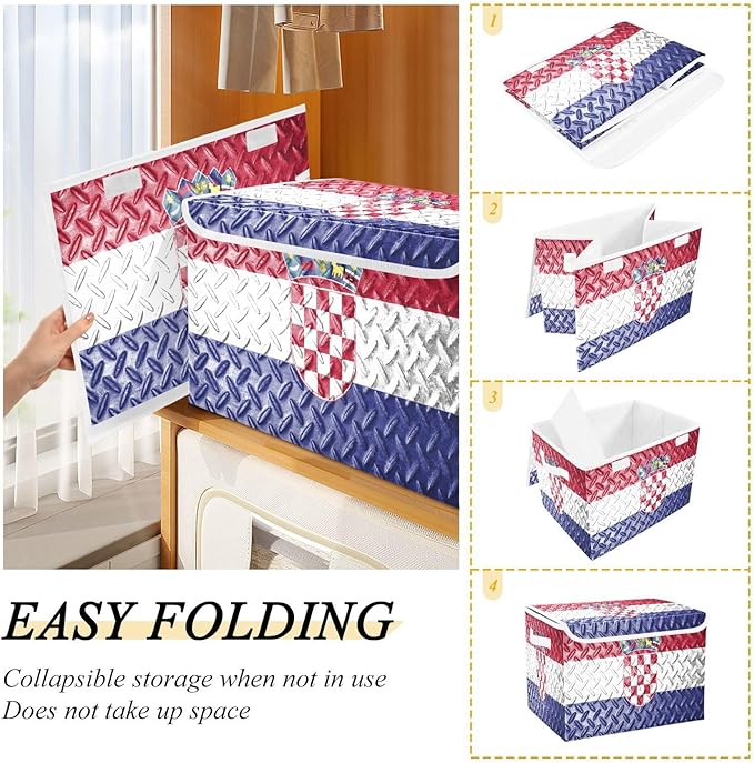 Croatia Flag Blue Red Storage Bins with Lids Foldable Closet Organizer Storage Bins with Handles for Dorm Room Home