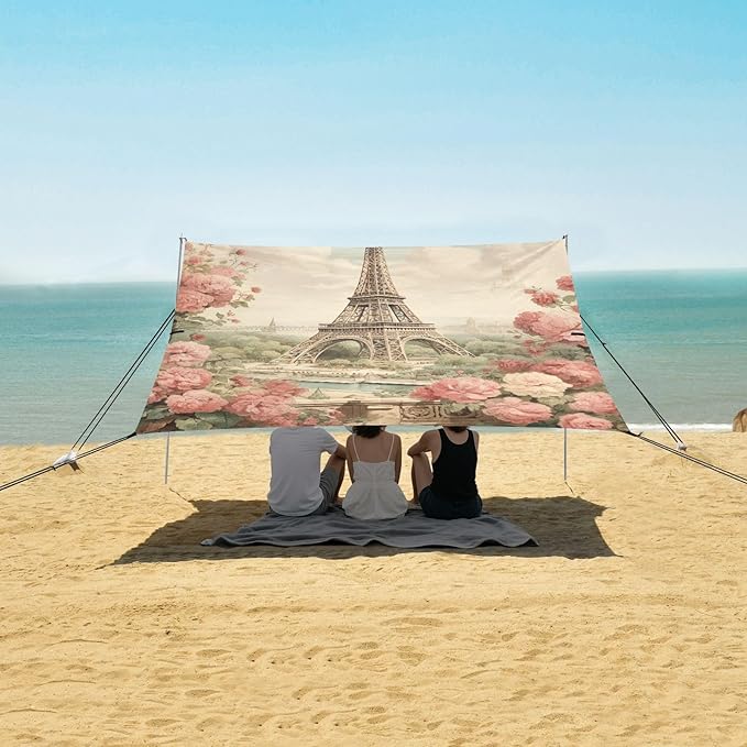 ALAZA Vintage Eiffel Tower Paris Flower Beach Tent Sun Shelter Portable Canopy Sunshade for Outdoor Camping Picnics Backyard Fun 10x9 ft