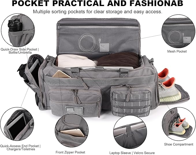 LHI 50L Tactical Duffle Bag for Men 3-in-1 Gym Duffle and Backpack Shoe Compartment Laptop Sleeve and MOLLE Carry-On Travel Weekender and Overnight Bag – Gray