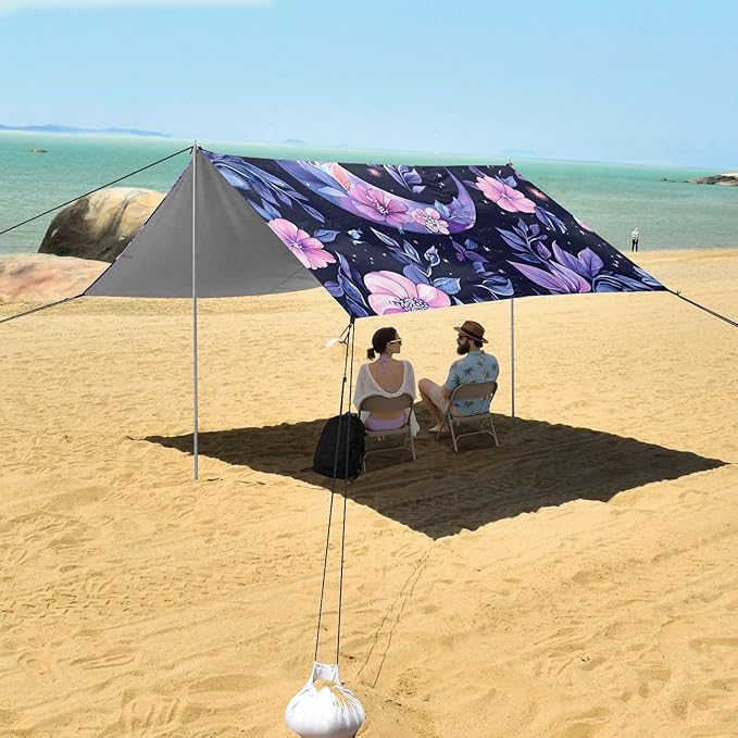 ALAZA Crescent Moon Alchemy Flowers Beach Tent Sun Shelter UPF50+ Protection Beach Shade Canopy w/ 4 Sandbags for Outdoor Camping Fishing Backyard Fun Picnic 10x9 ft