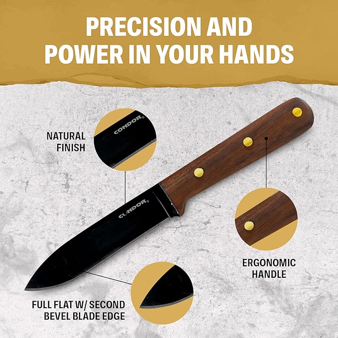 Condor Tool &amp Knife Kephart Knife 4 1/2 Inch W/Leather Sheath - 1075 High-Carbon Steel Blade - Ergonomic Walnut Handle for Precise Control - Ideal for Survival Camping and Outdoor Adventures