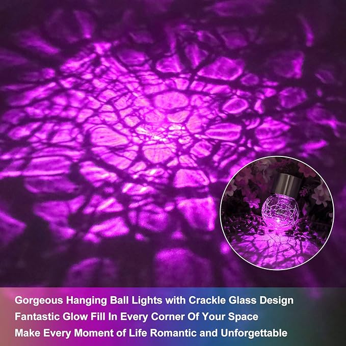 12Pack Outdoor Hanging Solar Lights - Cracked Glass Solar Lights Waterproof LED Decorative Ball Lights Tree Solar Powered Globe Lights with Hook for Garden Yard Fence Christmas Decoration Multicolor