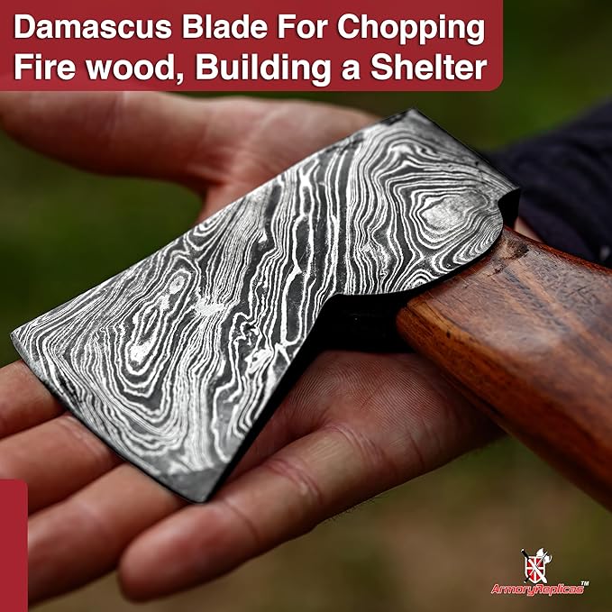 Armory Replicas™ Hand-Forged Damascus Steel Axe with Sheesham Wood Handle &amp Leather Sheath – 11.5 Compact Camping Axe