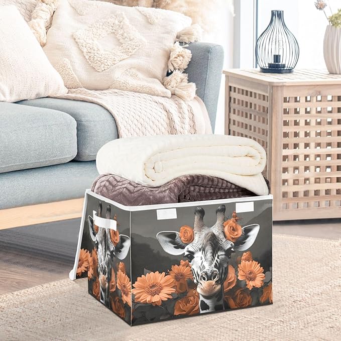 AIXIWAWA Lidded Storage Cube (Orange Floral Giraffe) Fabric Foldable Closet Bins with Flip Lid and Handles Organizer Basket Container 16.5 x 12.6 x 11.8 IN