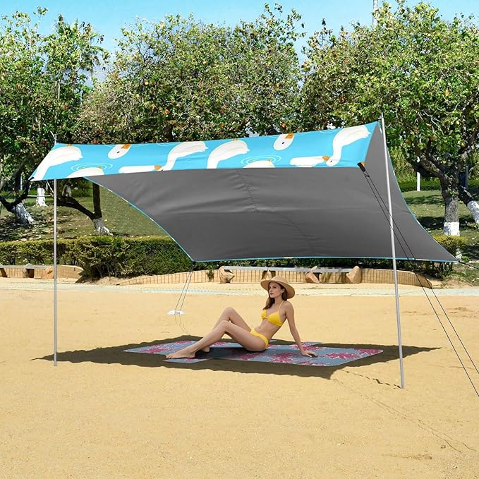 xigua Ducks Beach Tent Sun Shelter with Carrying Bag - Silver Coated Oxford Fabric Beach Canopy for Beach Camping Fishing - Includes Windproof Ropes Sandbags &amp Stakes