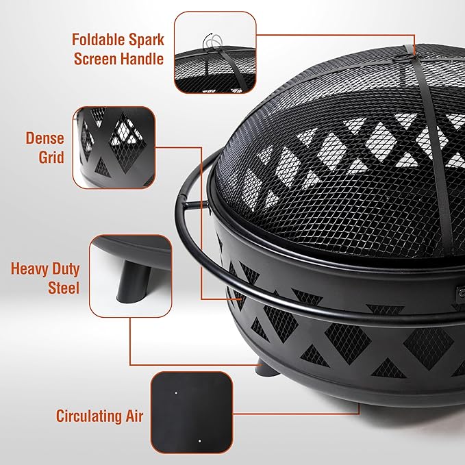 36 Inch Heavy Duty Steel Fire Pit Outdoor Wood Burning Fire Pits with Mesh Spark Screen and Poker for Camping Heating