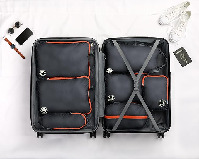 Large Compression Packing Cubes for Travel-Packing Cube Luggage Organizers 7 Piece Set for Checked Luggage-Ultralight Expandable/Compression Bags by TRIPPED Travel Gear (Grey/Orange)