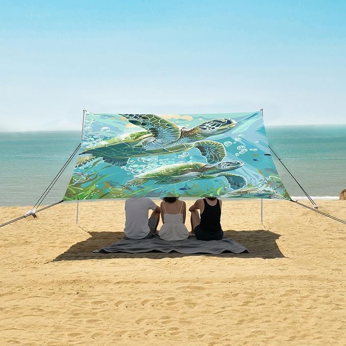 ALAZA Two Sea Turtles Seaweed Bubbles Beach Tent Sun Shelter Portable Canopy Sunshade for Outdoor Camping Picnics Backyard Fun 10x9 ft
