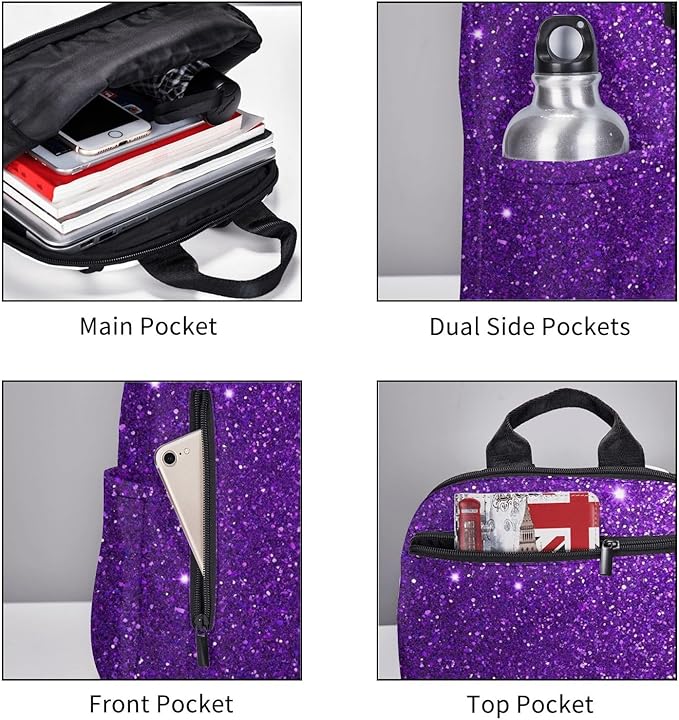 Backpack Travel or Work Bookbag purple Glitter Sparkle texture Laptop Daypacks