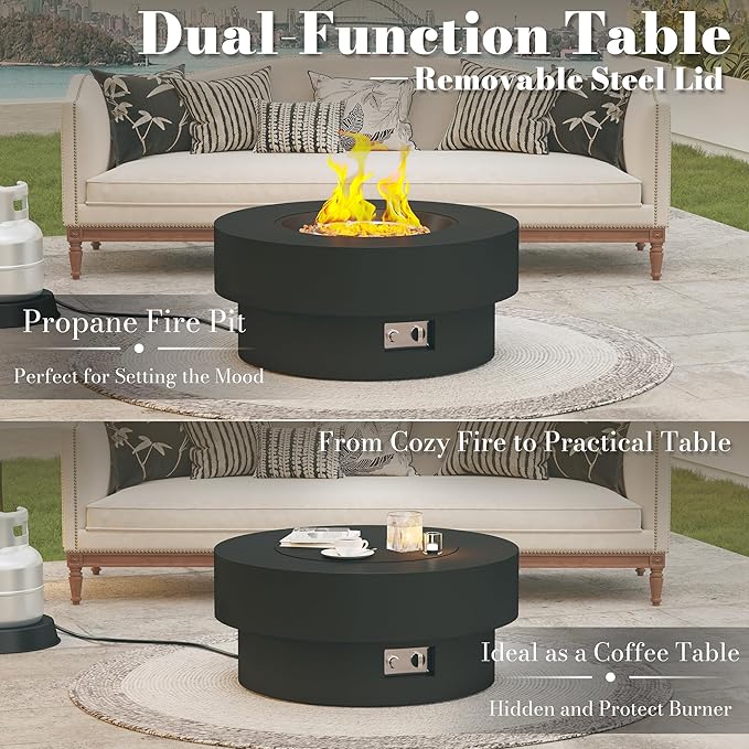 32.5 Inch Propane Fire Pit Table 50000 BTU Round Patio Fire Pit Table Outdoor CSA Certified Stainless Burner with Steel Lid Waterproof Cover &amp Lava Rocks for Backyard Garden Black