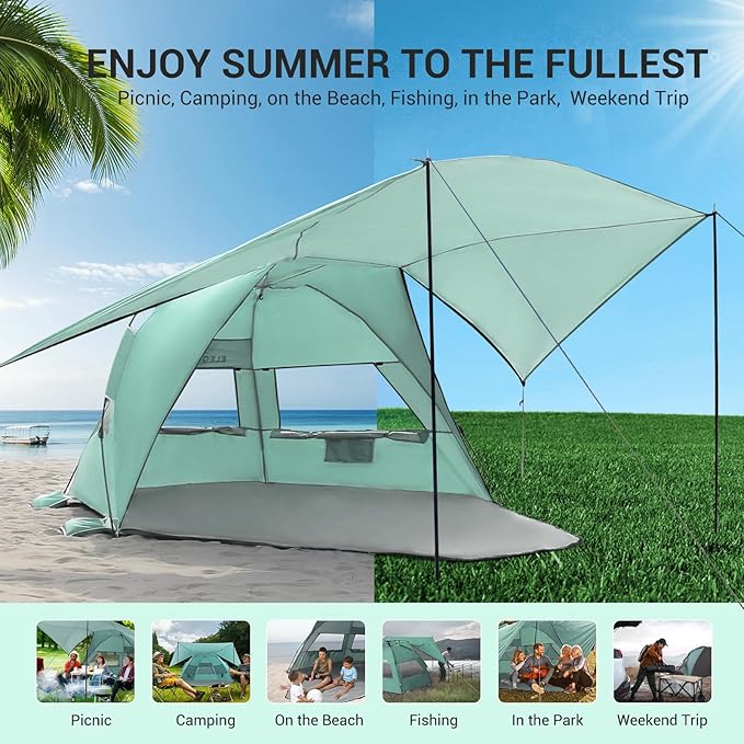 Elegear CumbreX™ Beach Tent with 360° Removable Canopy 4-6 Person Pop Up Sun Shade Shelter UPF 50+ Automated Installation Double Silver Coating Portable Lightweight Beach Cabana for Outdoor - Green
