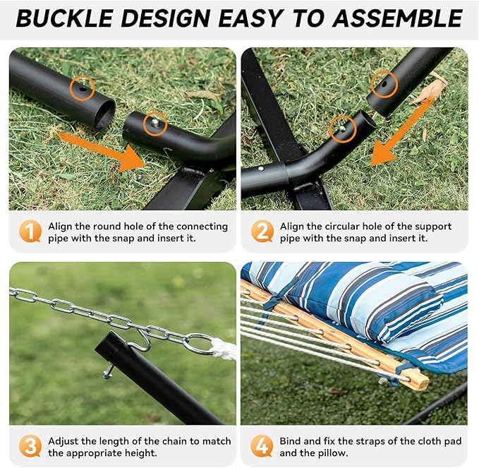 Everyfun 2 Person Outdoor Hammock with Stand Cotton Rope Hammock with Polyester Pad Adjustable Steel Frame Portable with Carrying Bag – for Patio Backyard Garden Beach Blue Stripe