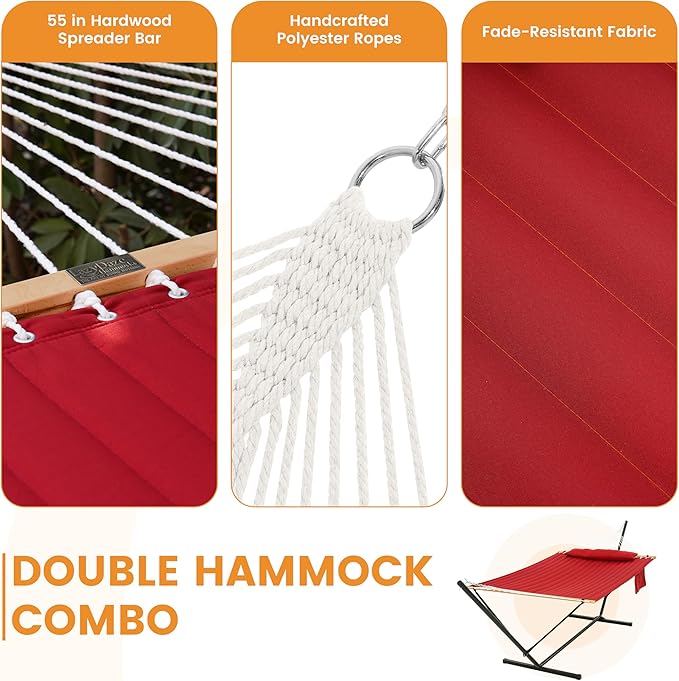 Lazy Daze Hammocks 2 Person Portable Hammock with 12FT Stand for Outside Quilted Double Hammock with Spreader Bar and Detachable Pillow 450lbs Capacity Perfect for Outdoor Patio Burgundy