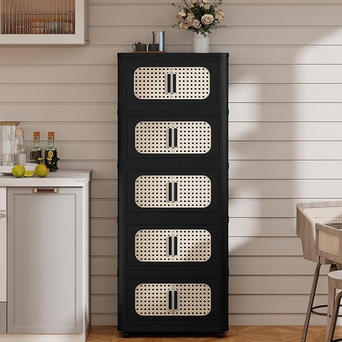 5 Tiers Folding Storage Cabinet20 Side Wide Stackable Storage Bins with Doors and Wheels Space Saving Plastic Cabinet for Living Room Office Dorm Retro Black