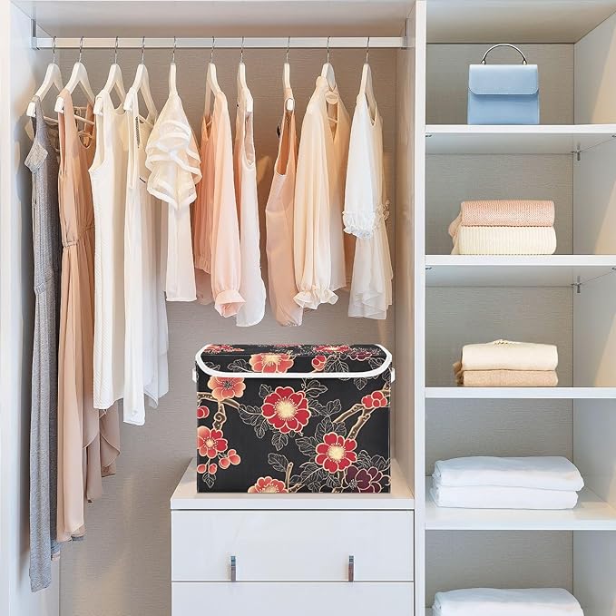 Storage Cube with Lid Chinese Flowers Print 16.5×12.6×11.8 IN 1 Pack Collapsible Large Capacity Foldable Storage Basket Bin Organizer