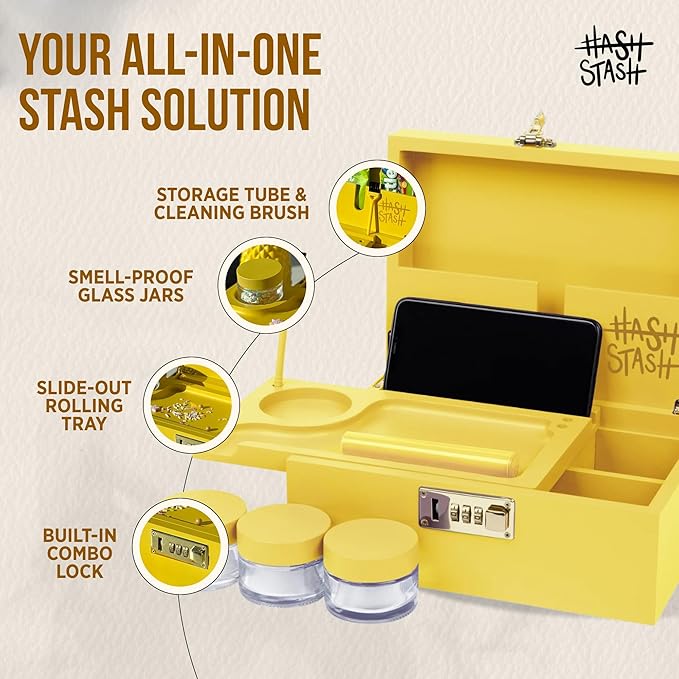 HASHSTASH The OG Storage Box - Large Bamboo Box with Combination Lock Magnetic Lid Organizer Tray Airtight Tube and 3 Jars - Discreet Decorative Locking Wooden Box with Accessories (Yellow/Gold)