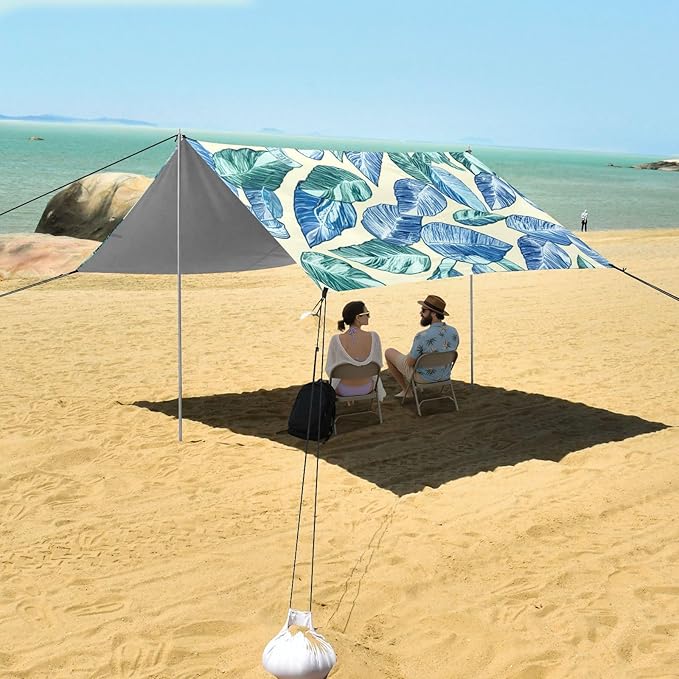 Beach Canopy with Windproof Ropes &amp Sandbags Beach Tent Sun Shade Sun Shelter for Camping Trips Fishing Backyard Fun or Picnics Leaves