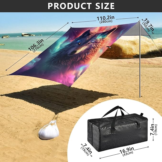 ALAZA Wolf Nebula Beach Tent Sun Shelter UPF50+ Protection Beach Shade Canopy w/ 4 Sandbags for Outdoor Camping Fishing Backyard Fun Picnic 10x9 ft