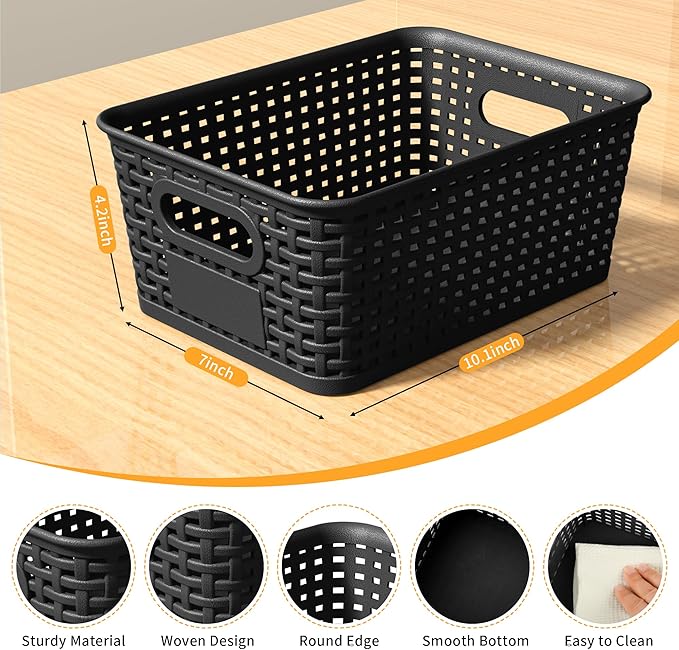 Black Plastic Storage Baskets - Pack of 8 with Labels Stackable Durable Storage Bins Storage Containers for Organizing Desktops Closets Playrooms Classrooms Offices
