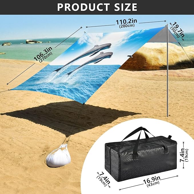 Dolphin Beach Canopy Sun Shelter with Sandbags &amp Sand Shovel &amp Windproof Ropes - Portable 110x126 Beach Shade Beach Tent for Camping Picnics