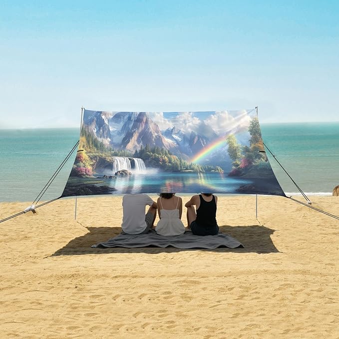 Rainbow Waterfall Landscape Beach Tent Sun Shelter Set UPF50+ UV Protection 10.5 x 9.19 FT Camping Shade Canopy with Sandbags Sand Anchors Carrying Bag and Others