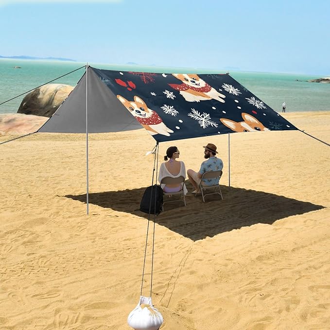ALAZA Chrismas Corgi Pattern Beach Tent Sun Shelter Portable Canopy Sunshade for Outdoor Camping Picnics Backyard Fun 10x9 ft