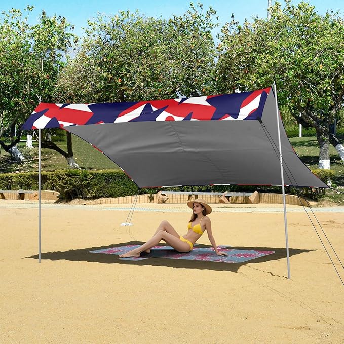 xigua Star Beach Tent Sun Shelter with Carrying Bag - Silver Coated Oxford Fabric Beach Canopy for Beach Camping Fishing - Includes Windproof Ropes Sandbags &amp Stakes
