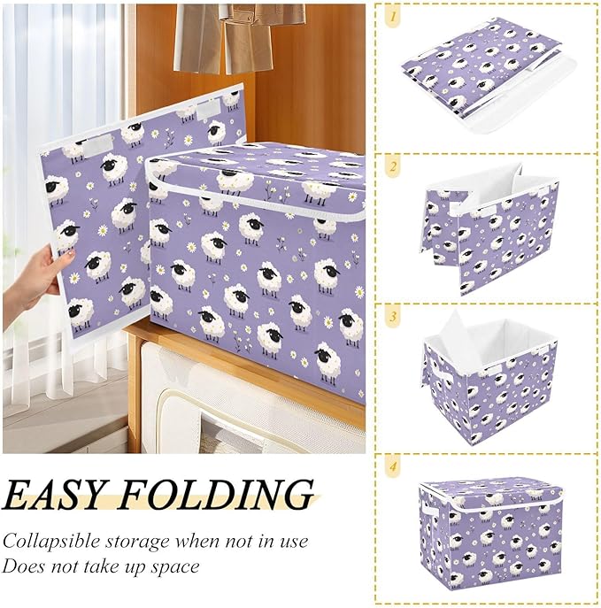 Lavender Sheep and Daisy Collapsible Storage Bins with Lids Decorative Fabric Cubes Closet Organizer Basket Boxes Containers for Clothes Box Chest Folding Rectangle