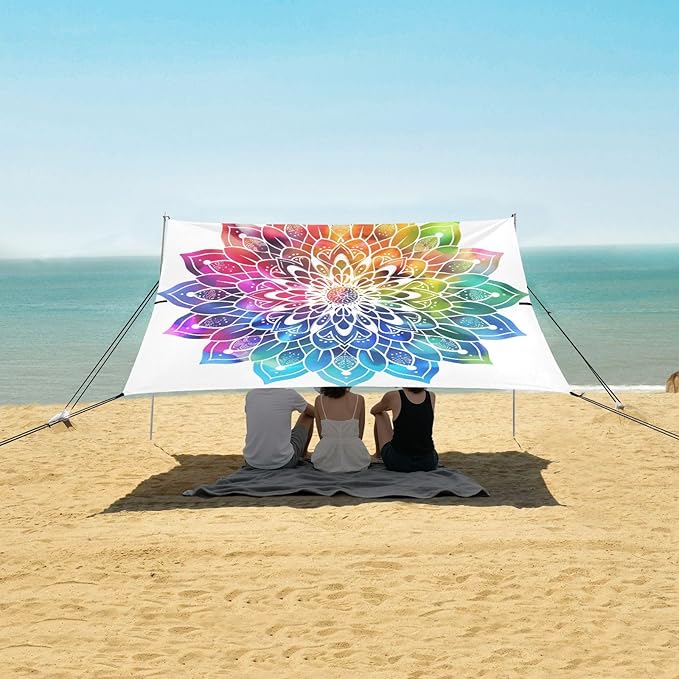 ALAZA Gradient Mandala Rainbow Beach Tent Sun Shelter UPF50+ Protection Beach Shade Canopy w/ 4 Sandbags for Outdoor Camping Fishing Backyard Fun Picnic 10x9 ft