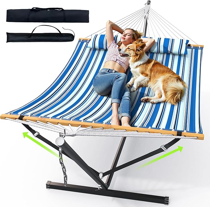 ANAGOO Double Hammock with Stand Heavy Duty Outdoor Hammock for Two 500 LBS Capacity Stable Steel Frame with Balance Strap Easy Tool-Free Assembly for Patio Garden Backyard &amp BeachBlue