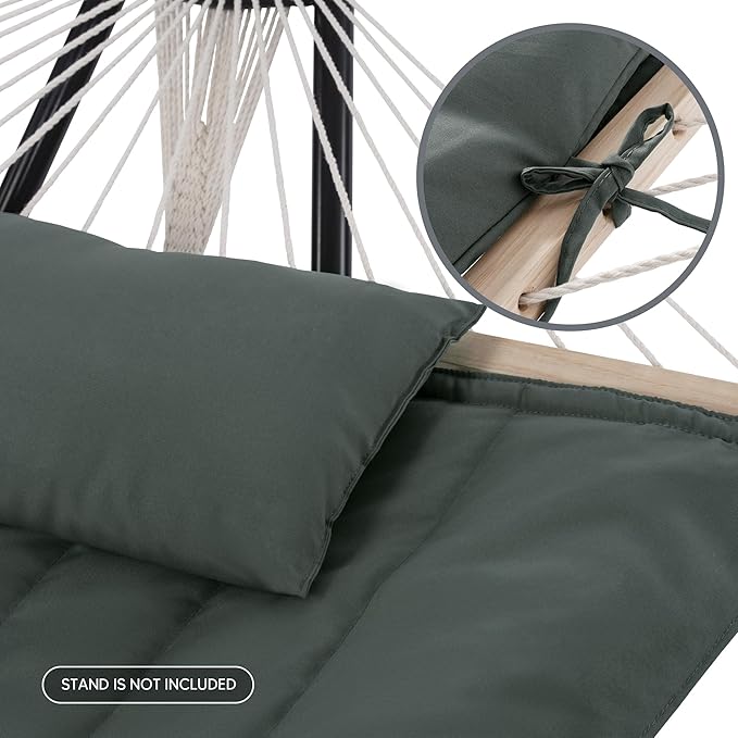 SUNCREAT Portable Double Rope Hammock with Pad Two Person Tree Hammock for Garden Backyard Patio Poolside Gray Green
