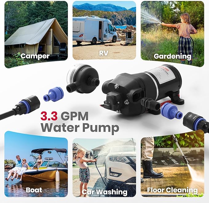 GASALND 12V DC Water Pressure Pump 3.3GPM 40PSI On Demand Diaphragm Pump Self-Priming Water Pump with Pressure Switch for Camper Marine RV Kitchen Bathroom and Gas Hot Water System