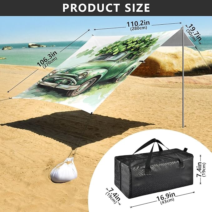ALAZA Stst. Patrick's Day Green Retro Car Carries Clover Leaves Beach Tent Sun Shelter Portable Canopy Sunshade for Outdoor Camping Picnics Backyard Fun 10x9 ft