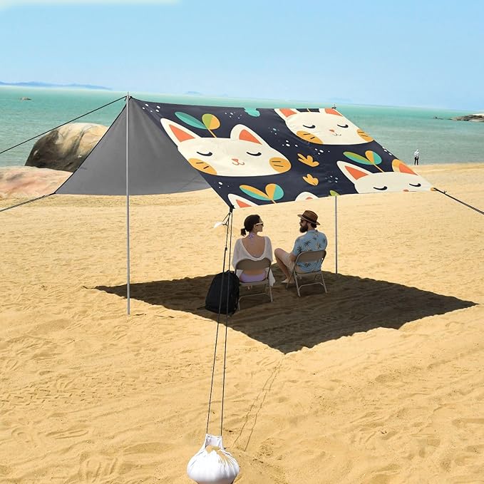 Cute Cats Face with Grass Foldable Beach Canopy UPF50+ Waterproof Shade Sun Shelter with Sandbags &amp Sand Shovel for Camping Picnics Backyard &amp Fishing