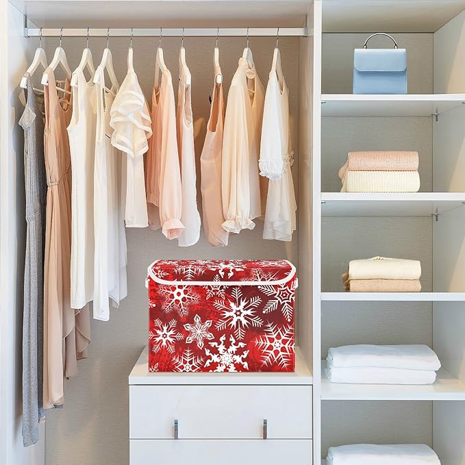 CaTaKu Large Fabric Storage Bins With LidsRed Snowflakes Christmas Storage Boxes With Handles for Organizing Clothes Collapsible Storage Cube Bins Baskets for Shelves