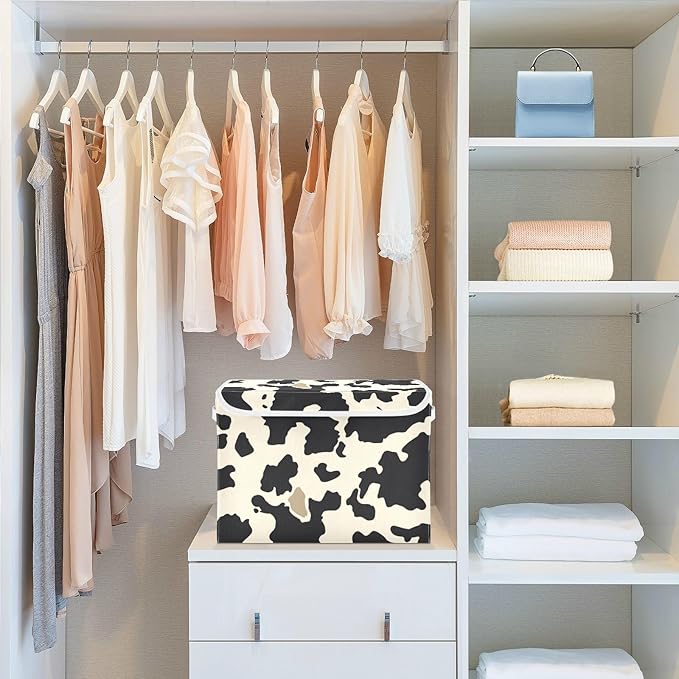 Collapsible Storage Bins with Lids Decorative Fabric Storage Cubes Closet Organizer and Storage Basket Boxes Containers for Clothes Box Chest Nursery Folding Rectangle Beige Black Cow Print