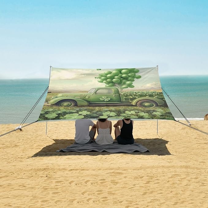 ALAZA St. Patrick's Day Green Car Balloons Clover Beach Tent Sun Shelter Portable Canopy Sunshade for Outdoor Camping Picnics Backyard Fun 10x9 ft