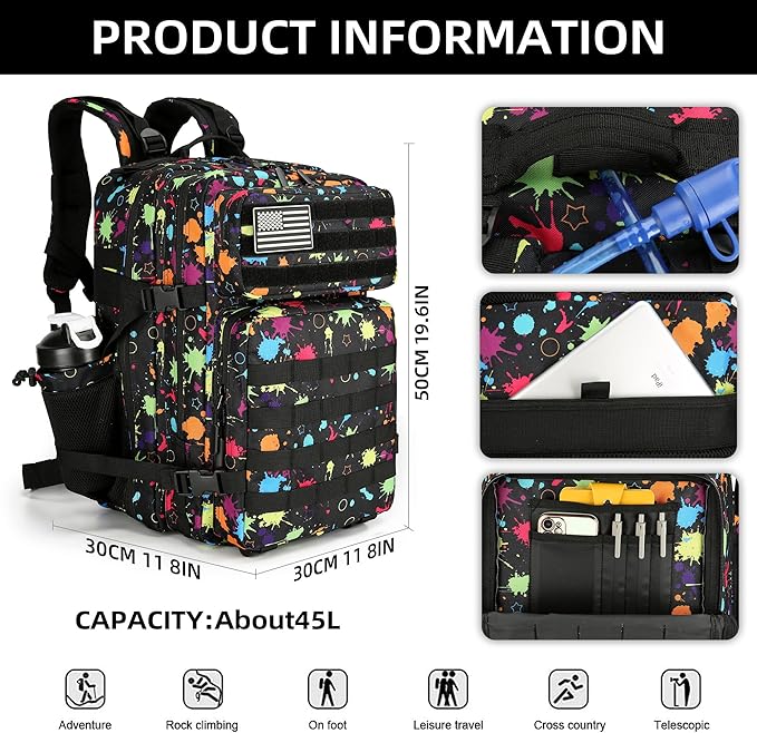 Tactical Assault Backpack - 45L 3 Day Assault Pack with MOLLE Waterproof Rucksack - Fluorescent Tie Dye
