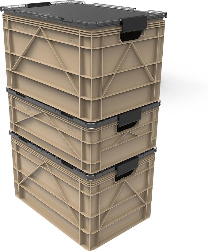 SIDIO Crate Pro Pack - 2 Full-Size &amp 1 Half-Size Heavy Duty Stackable Storage Bins Totes and Containers with Lids and Dividers - Durable Organizer for Home Office Garage and Outdoor Use