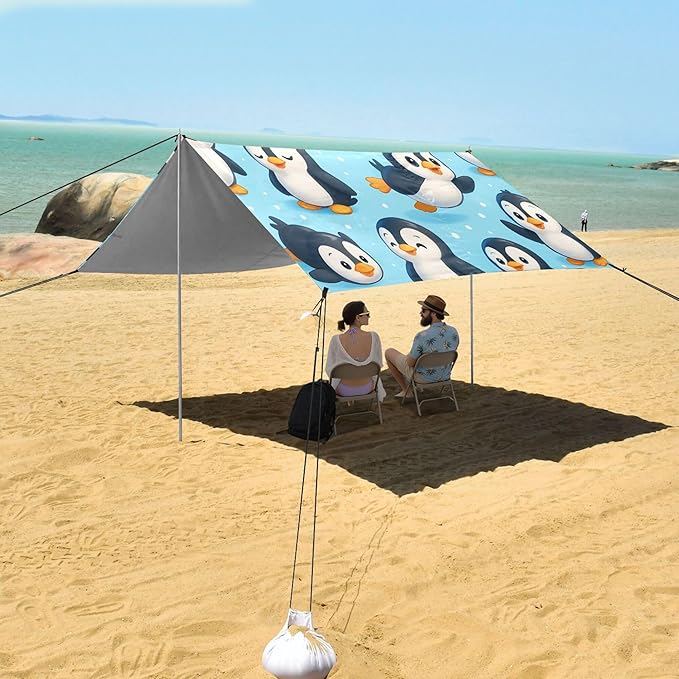 Penguin Beach Canopy Sun Shelter with Sandbags &amp Sand Shovel &amp Windproof Ropes - Portable 110x126 Beach Shade Beach Tent for Camping Picnics
