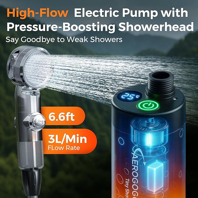 Portable Shower for Camping Rechargeable Shower Pump with LED Display 3-Level Spray Modes Bundled with Collapsible Bucket with Spigot 4 Gallon Portable Foldable Bucket with Handle for Camping